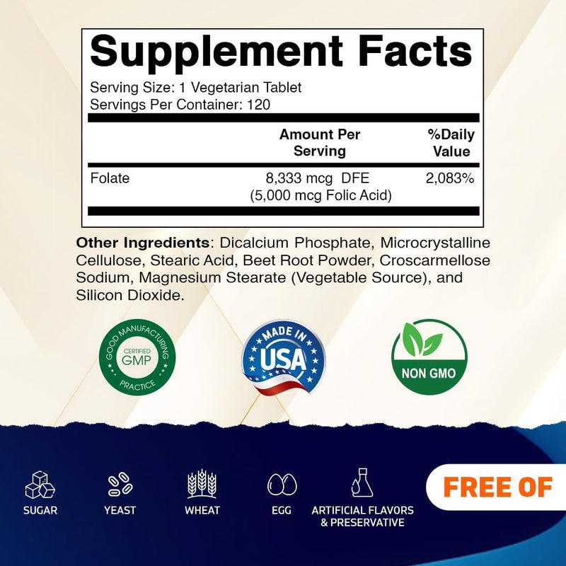 Vitamatic Folic Acid 5 mg (5,000 mcg), 120 Vegetarian Tablets | Vitamin B9 | 8,333 mcg DFE Foalte, Support Red Blood Cell Formation*, Heart & Nervous System Health*, Non GMO, Gluten Free, Made in USA 120 Count (Pack of 1)