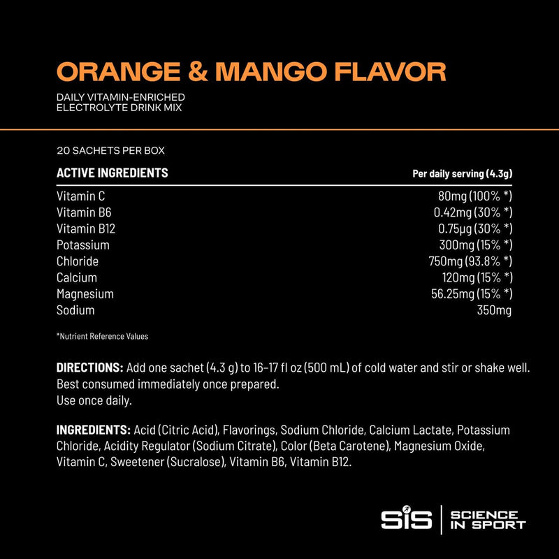 SiS Hydro+ - Scientifically-Formulated Electrolyte Drink Mix - Hydration Powder with Five Key Electrolytes - Vitamin C, Vitamin B6 & B12 - Single-Serve Satchets - Orange & Mango Flavor - 20 Count