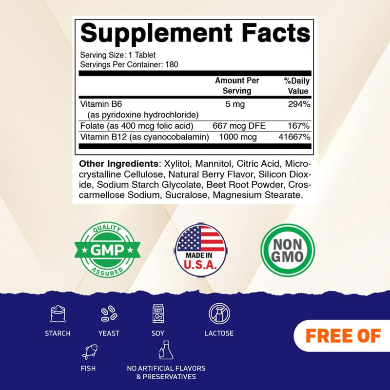 Vitamatic Folic Acid, Vitamin B12 & B6 – 180 Fast Dissolve Tablets Heart Health, Energy Production & Red Blood Cell Support 180 Count (Pack of 1)