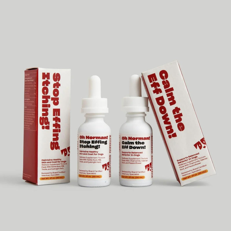 OH NORMAN! Dog Calming & Itching Skin Relief Supplement Drops - Anti Aggression & Calming Drops for Fireworks, Travels, Vet Visits - Dog Skin & Coat - Stop Effing Itching & Calm The Eff Down Bundle