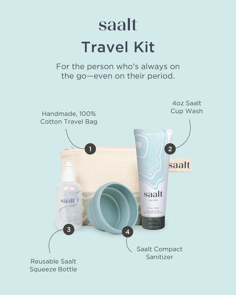 Saalt Travel Menstrual Kit - Easy Cleaning for Public Restroom, School, or Travel for Menstrual Cup or Menstrual Disc - Reusable Travel Bag, 4oz Wash, Squeeze Bottle, Compact Sanitizer - BeesActive Australia