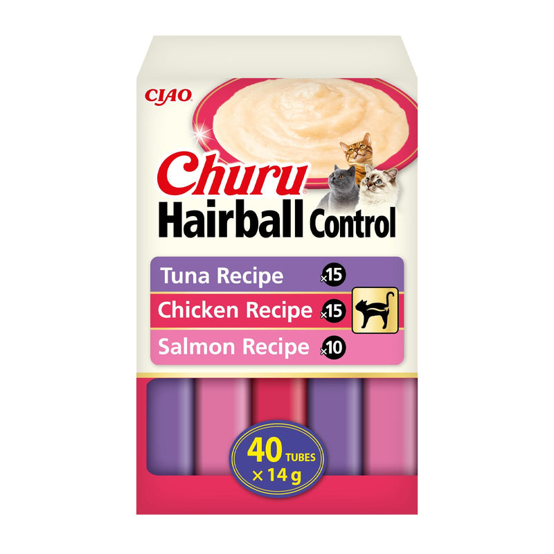 INABA Churu Hairball Control, Creamy Cat Treats for Hairball Care with Tuna, Chicken and Salmon Recipes, Smooth Purée with added Fibre, Rich in Omega 3 & 6, High Moisture, 40 Sticks x 14 g