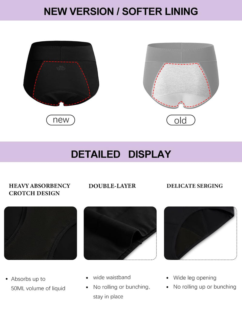 POKARLA Women's High Absorbency Period Cotton Underwear Heavy Flow Leakproof Panties(Regular&Plus Size) Black Medium
