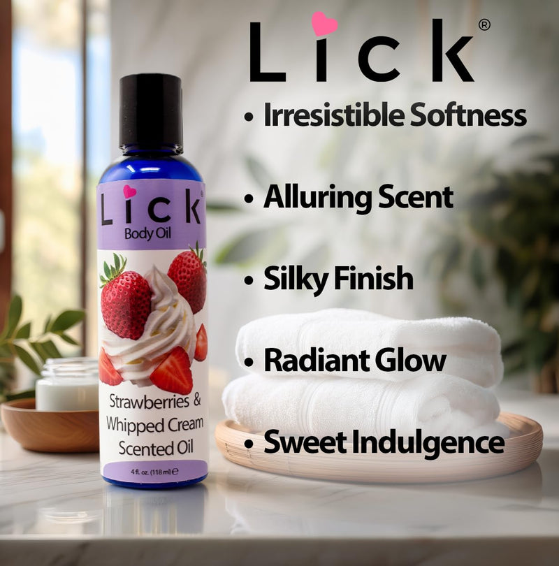 LICK Strawberries & Whipped Cream Scented Body Oil – Non-Greasy Daily Hydration with Almond Oil & Vitamin E – 4 oz