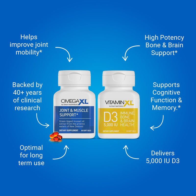 OmegaXL Joint Support 60 Soft Gels & VitaminXL D3 5000 IU 30 Count | Natural Joint Support Supplement, Non-GMO, Drug Free, 60 Soft Gels & D3 High Potency Immune Support 30 Soft Gels 1 OXL + 1 D3