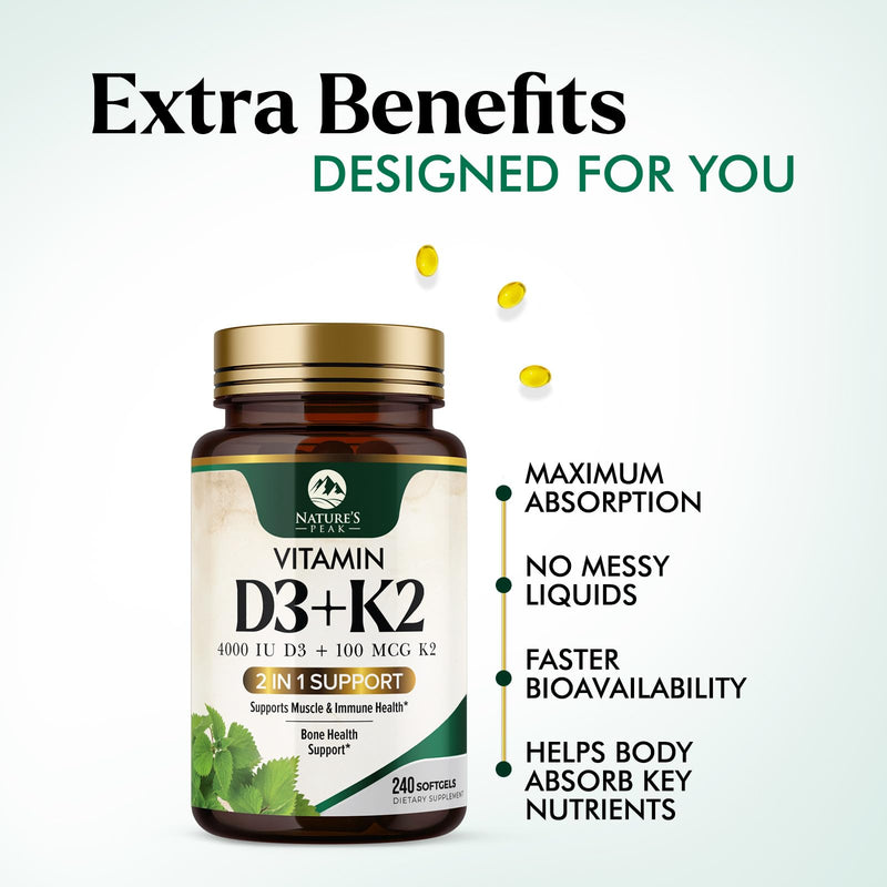 Vitamin D3 K2 - High Potency Vitamin D3 + K2 - 2-in-1 Complex Vitamin D & K2 (MK7) Supplement - Gluten Free - Bone & Immune Support - Vitamin D3 4000 IU Per Softgel - Bottled in the USA - 240 Softgels 240 Count (Pack of 1)