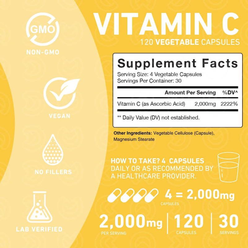 PUREFINITY Vitamin C 2000mg Capsules – Double Strength, High Absorption Supplement, Powerful Antioxidant Properties, 120 Capsules (1 Month Supply) (Pack of 2) 120 Count (Pack of 2)