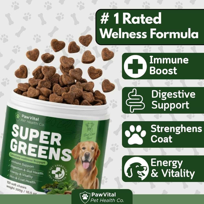 Super Greens Multivitamin Chews for Dogs – Dog Greens & Daily Dog Multivitamin with Spirulina, Chlorella, Probiotics & Enzymes for Immune, Gut, Skin & Energy Support – Beef Liver – 150 Chews