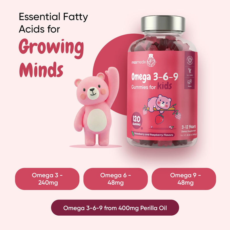 maxmedix Kids Omega 3 6 9 Gummies | Plant-Based Fatty Acids for Brain, Learning & Focus Support | 120 Gummies (2-Month Supply) | Omega 3 for Kids with No Fishy Taste | Strawberry & Raspberry Flavor