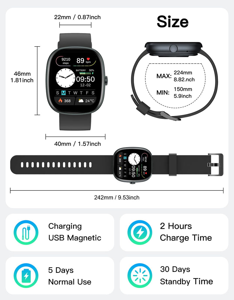 Fitness Trackers for Men Women with Bluetooth Call 24/7 Heart Rate & Blood Oxygen Monitor Sleep Tracker, Steps/Calories Counter Stopwatch/Timer/Alarm Clock, Pedometer for Walking Waterproof (Black) Black - BeesActive Australia