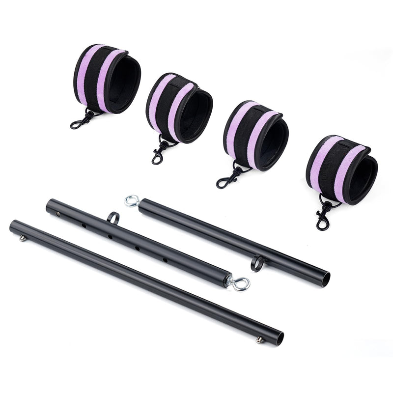 Spreader Bar Heavy Duty Stainless Steel Expandable Home Gym with 4pcs Furry Purple Adjustable Strap,Sports Aid Training Fitness Gear Pilates Aid Kit,Indoor Yoga Set Black+Purple Furry Kit
