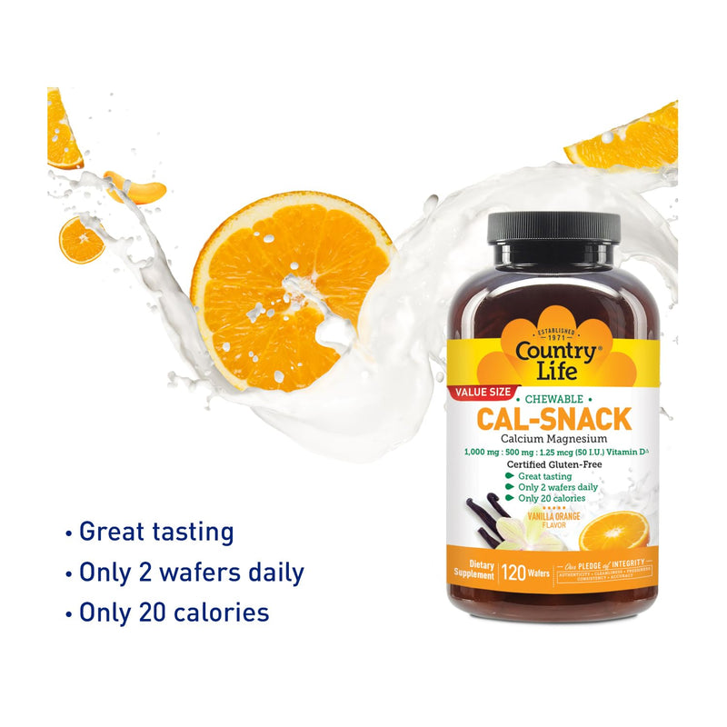 Country Life Cal-Snack Calcium Magnesium Wafers, Vanilla Orange, 120 Count | Chewable wafers provide 1,000 mg calcium, 500 mg magnesium and vitamin D per 2-wafer serving 120 Count (Pack of 1)
