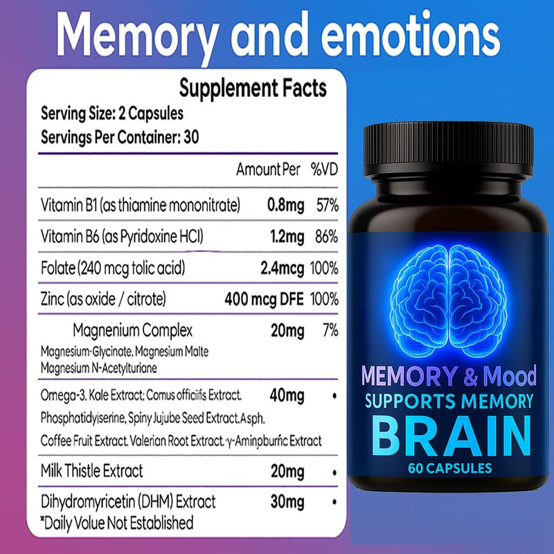 Nootropic Brain Supplements for Memory and Focus, Cognitive Support Formula with B Vitamins, Folate & Dihydromyricetin – Mental Clarity & Daily Performance, 60 Capsules (1) 1