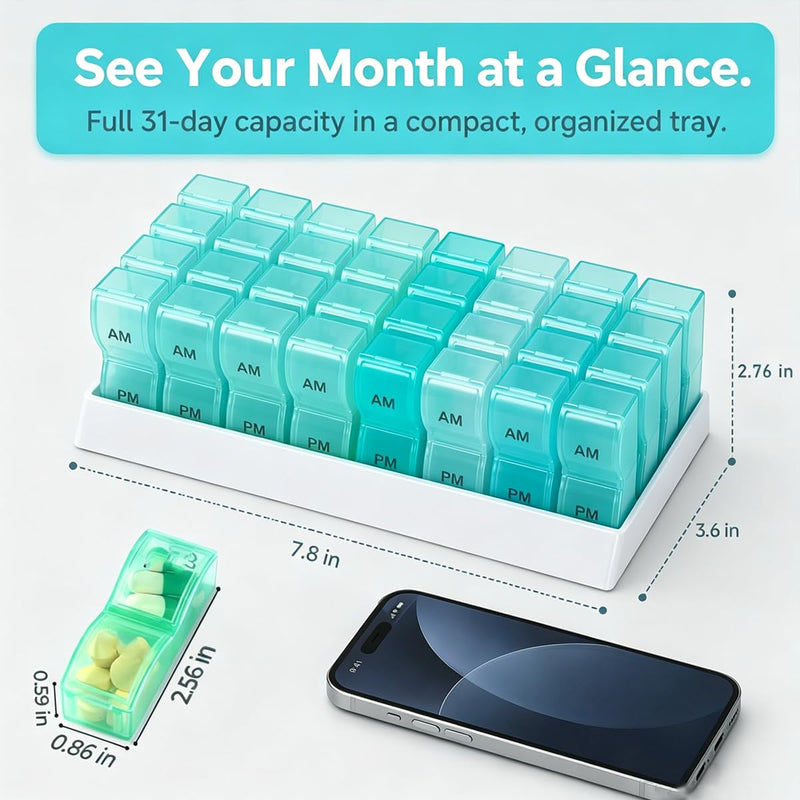 Monthly Pill Organizer, 31 Day Pills Case for Hold Vitamin and Travel Medicine, Portable Pill Storage Box, Cyan