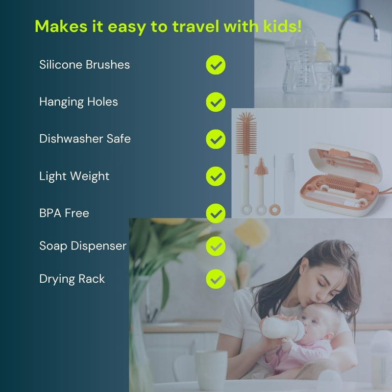 Travel Bottle Cleaner kit, 7in1 Baby Travel Essential Silicone Travel Bottle Brush Set, Nipple, Drying Rack, Straw, & Breast Pump Cleaning, Soap Dispenser & Organizer Case, Gift for Mom (White) White - BeesActive Australia