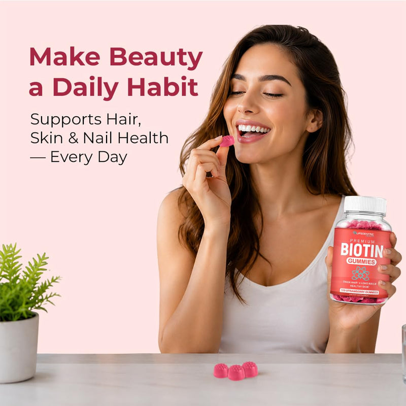 LifeCentric Health Biotin Gummies for Adults | Max Strength Biotin 10000mcg | Chewable Biotin Supplement for Women and Men | 100 Count Vegan Hair Gummies for Hair Skin and Nails