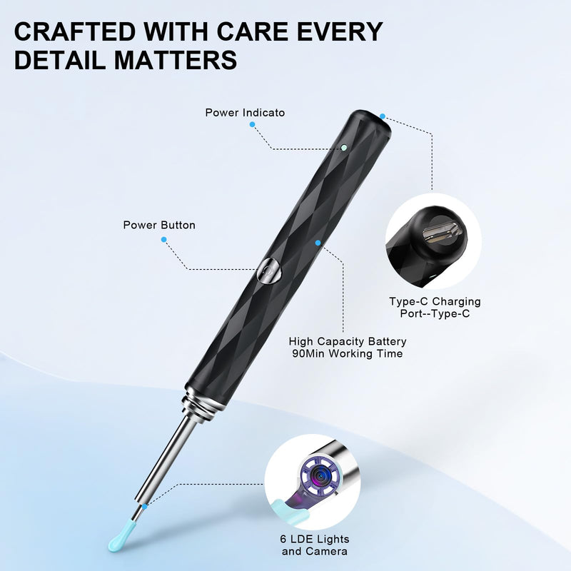 High-Definition Ear Wax Removal, Wireless Ear Cleaner, Safe and Gentle Ear Wax Removal Kit, Rechargeable Ear Cleaner with Camera and Light, Ear Cleaning Kit for Android and iOS (Black) Black - BeesActive Australia