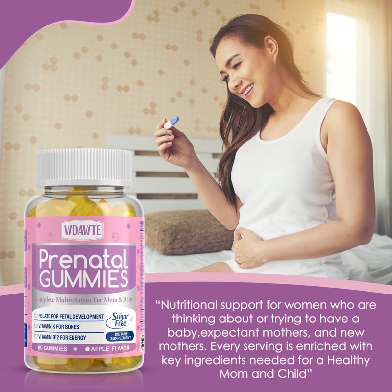 VIDAVITE Sugar Free Prenatal Gummies — Vegan Prenatal Vitamins for Women | US-Made, 30+ Nutrients (Choline, Folate, Iron, Vitamin) for Fetal and Neural Support, Energy Boost & Immunity (60 Gummies)
