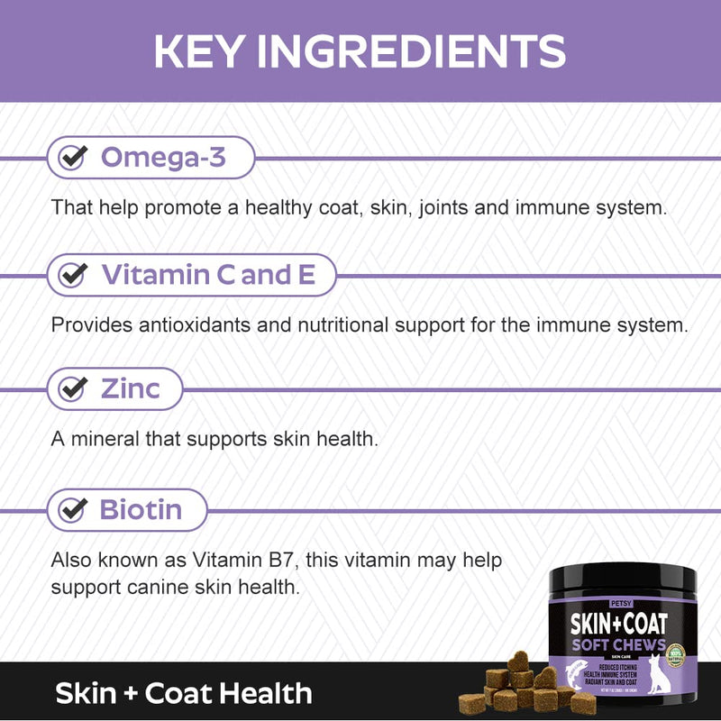 Petsy Skin & Coat supplement for dogs Vitamin C, E, Zinc, Biotin, OMEGA 3 Shiny coat Rejuvinate Healthy coat Natural Support itchy skin relief Daily