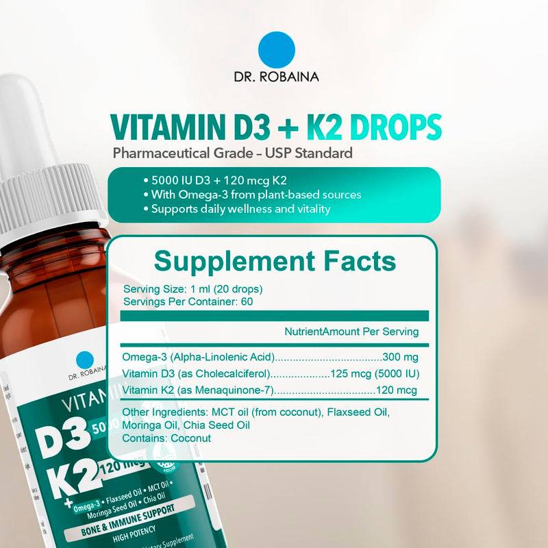 Dr. Robaina Vitamin D3 + K2 Drops – Vegan MCT Oil Liquid Supplement, 5000 IU D3 & 120 mcg MK-7, Sublingual Daily Vitamin D and K 3 Units