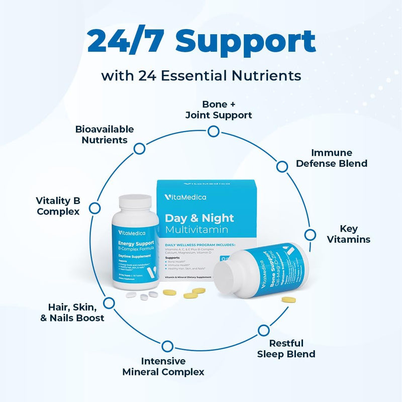 VitaMedica Day & Night Multivitamin Routine - 30-Day Supply | Energy & Mental Clarity, Bones & Joints, Beauty, Restful Sleep - Vitamins A, C, D, E, B-Complex, Magnesium, Biotin, Zinc