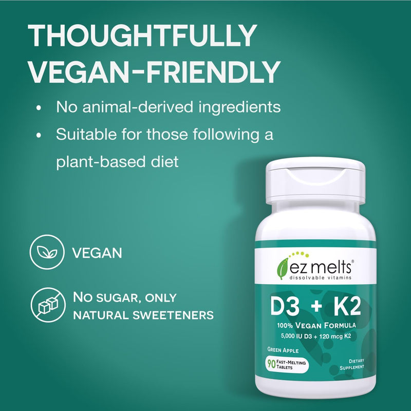 EZ Melts Dissolvable Vitamin D3 K2 5,000 IU, Bone & Joint Support, Sugar-Free, 3-Month Supply - 1 Pack 90 Count (Pack of 1)