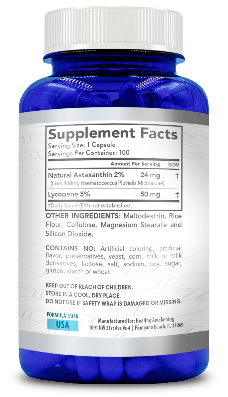 Astaxanthin and Lycopene Supplement | Lycopene 50mg Plus Astaxanthin 24mg Carotenoids Supplement for Tanning Skin Care Vision & Heart Health Support | Vegan & Non-GMO (100 Veggie Capsules)