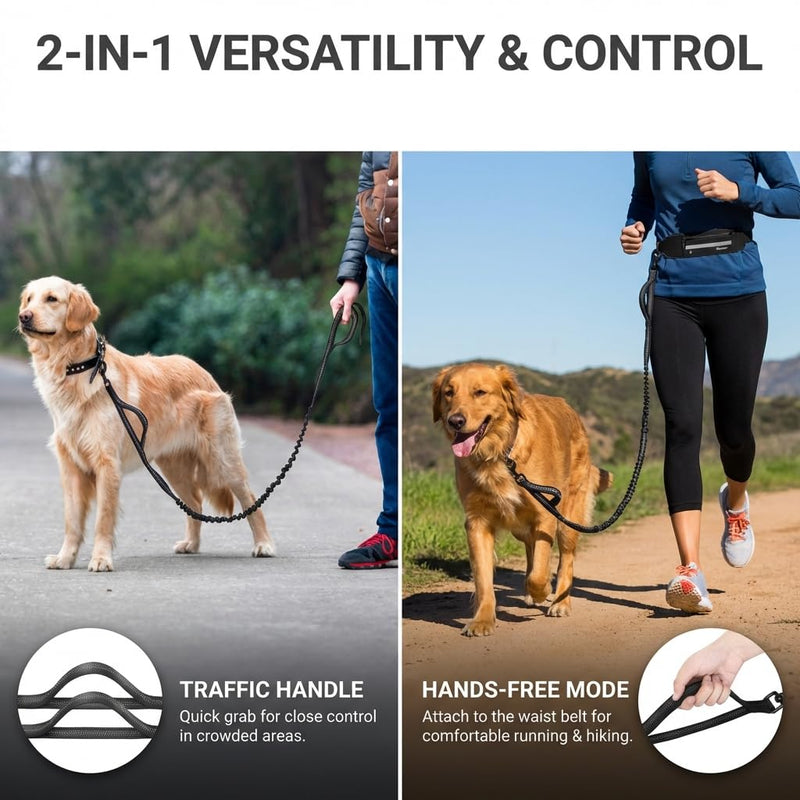 Tails & Tales Hands Free Dog Leash with Lightweight Waist Pouch for Walking Running Hiking, Adjustable Belt 25-45", Dual Padded Handles, Reflective Bungee Design for Small to Large 100lb Dogs (Gray) Gray - BeesActive Australia