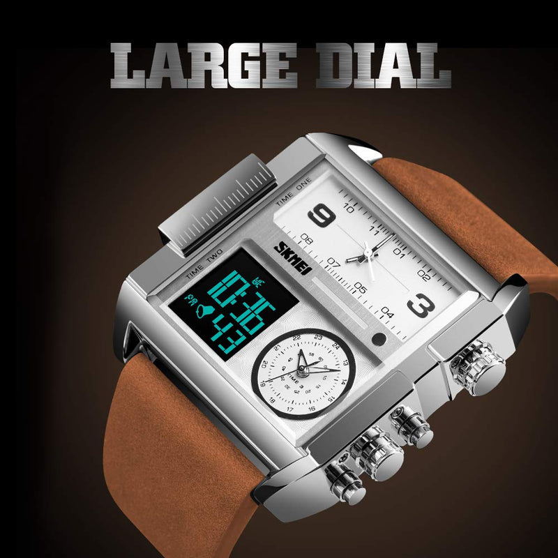 SKMEI Men's Digital Sports Watch, LED Square Large Face Analog Quartz Wrist Watch with Multi-Time Zone Waterproof Stopwatch Silver Brown