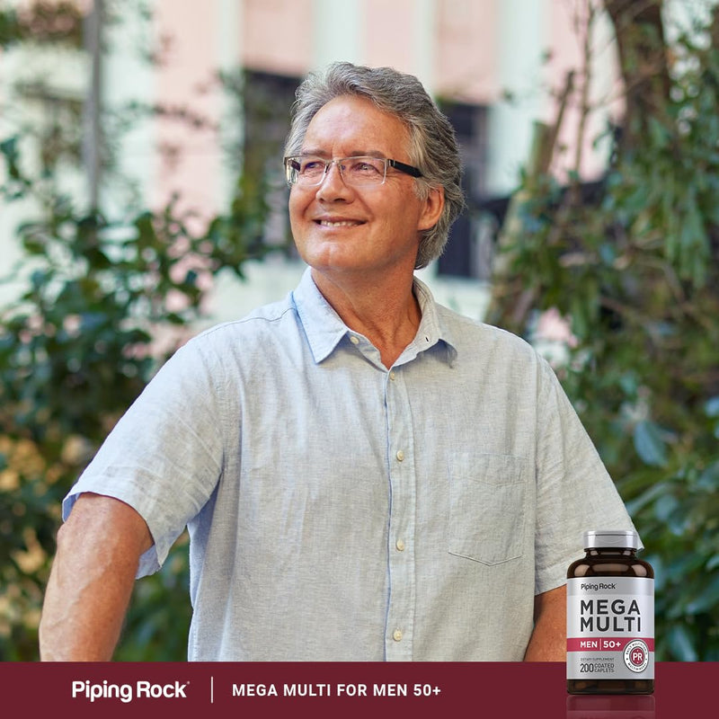 Piping Rock Multivitamin for Men Over 50+ | 200 Caplets | Mega 50 Plus Daily Multimineral | with Magnesium, Calcium, Zinc | Non-GMO, Gluten Free Supplement