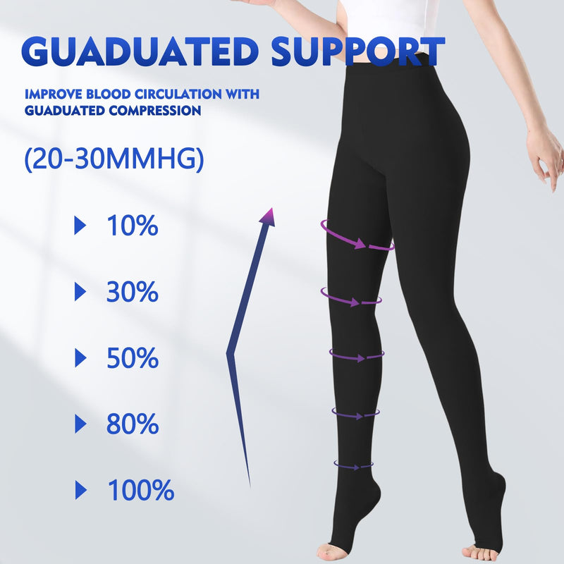 Medical Compression Pantyhose Stockings for Women & Men, 20-30mmHg Graduated Support Hose Tights,Opaque Waist High Compression Stockings & Leggings For Medical,Athletic,Travel Use Medium Open Toe Black