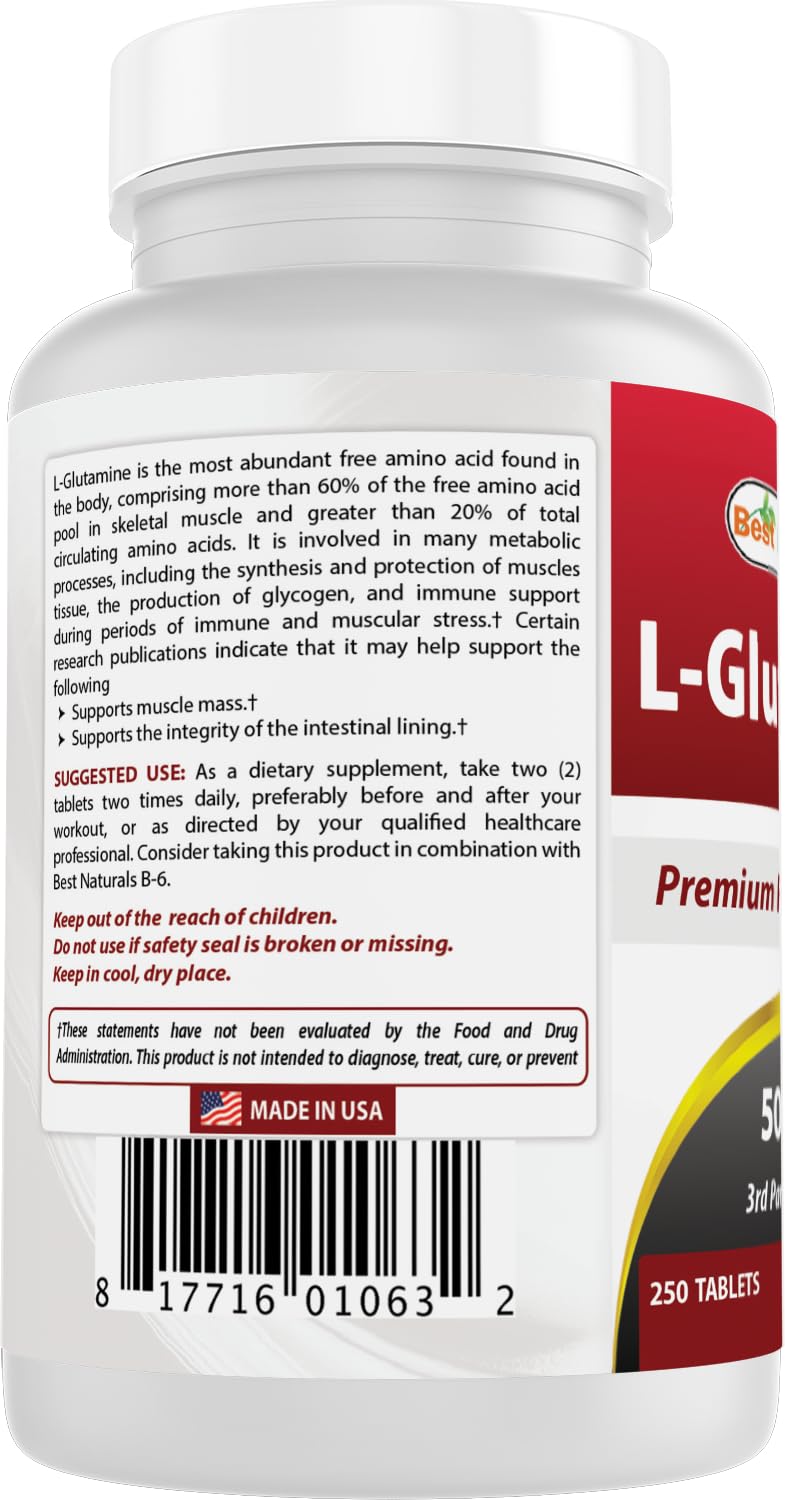 Best Naturals L-Glutamine 500mg, 250 Tablets (250 Count (Pack of 2)) 250 Count (Pack of 2)