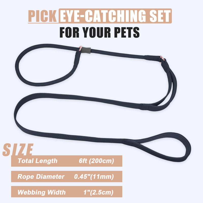 Slip Lead Dog Leash, Dog Training Leash with Double Handle, Soft Leather Nylon Slip Leash and Collar, Heavy Duty Rope Dog Lead, No Pull Walking Leash for Small Medium Large Puppy Dogs 6ft Black - BeesActive Australia