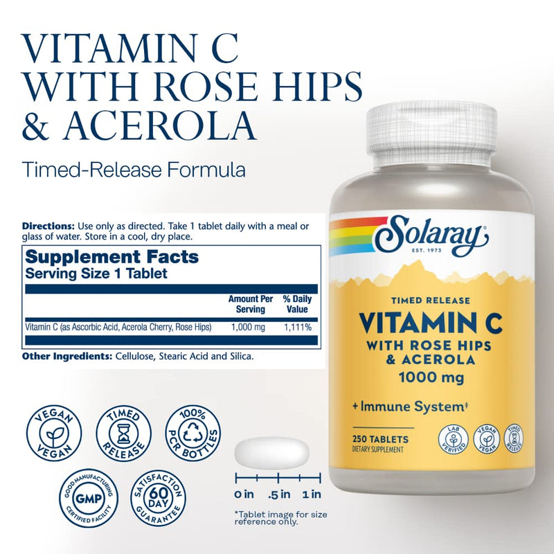 SOLARAY Vitamin C w/Rose Hips & Acerola | 1000mg | Two-Stage Timed-Release Healthy Immune Function, Skin, Hair & Nails Support | Non-GMO | 250ct 250 Count (Pack of 1)