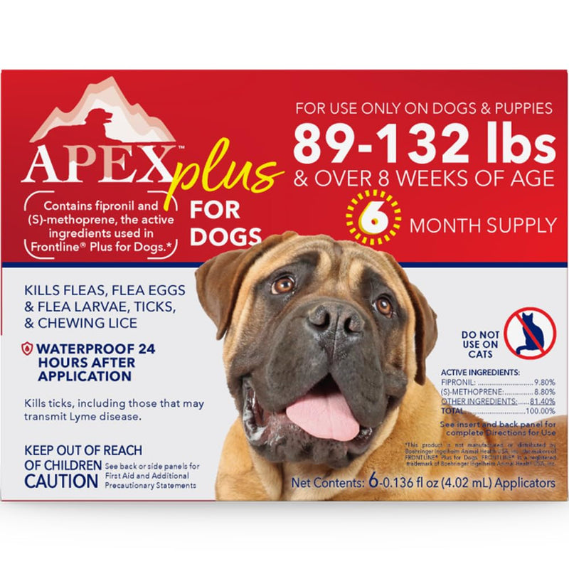 Apex Plus Flea and Tick Prevention for X-Large Dogs (89-132 lbs) | 6-Month Supply | Waterproof, 24-Hour Activation, 30-Day Protection 6 Count 89-132 lbs