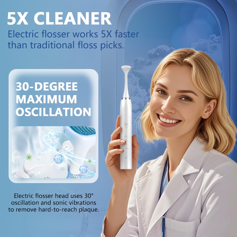 Electric Dental Flosser - 4 Speed Rechargeable Ultrasonic Electric Flossing with 50 Replacement Heads, Portable Teeth Cleaning Tool for Gentle Gum Care & Tongue Cleaning,Fit Men & Women