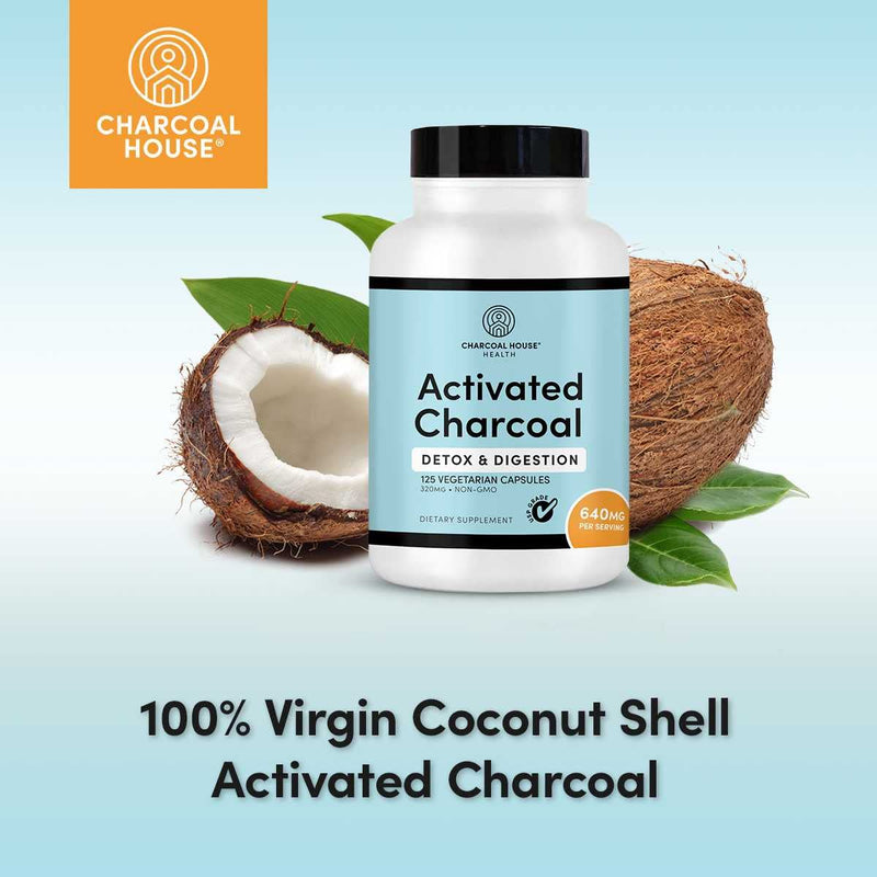 Activated Charcoal Capsules 125 Vegetarian Capsules 320mg - Vegan 100% Pure Coconut Shell Charcoal No Filler 300