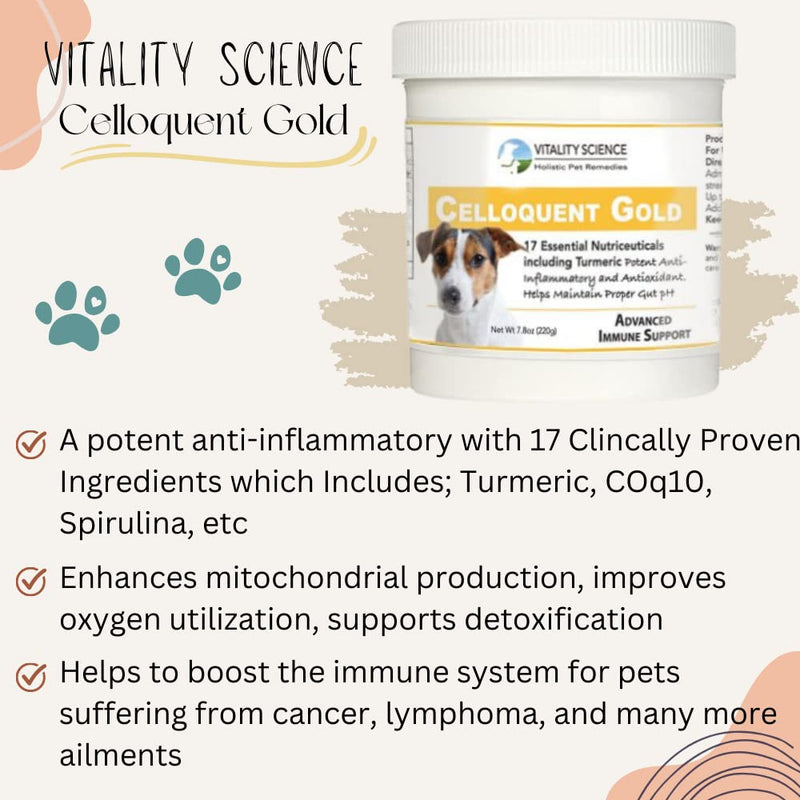 Vitality Science Celloquent Gold for Dogs | Holistic Advanced Immune Support Supplement | 17 Proven Ingredients | Auto Immune, Vomiting and Diarrhea, Depression | 60g