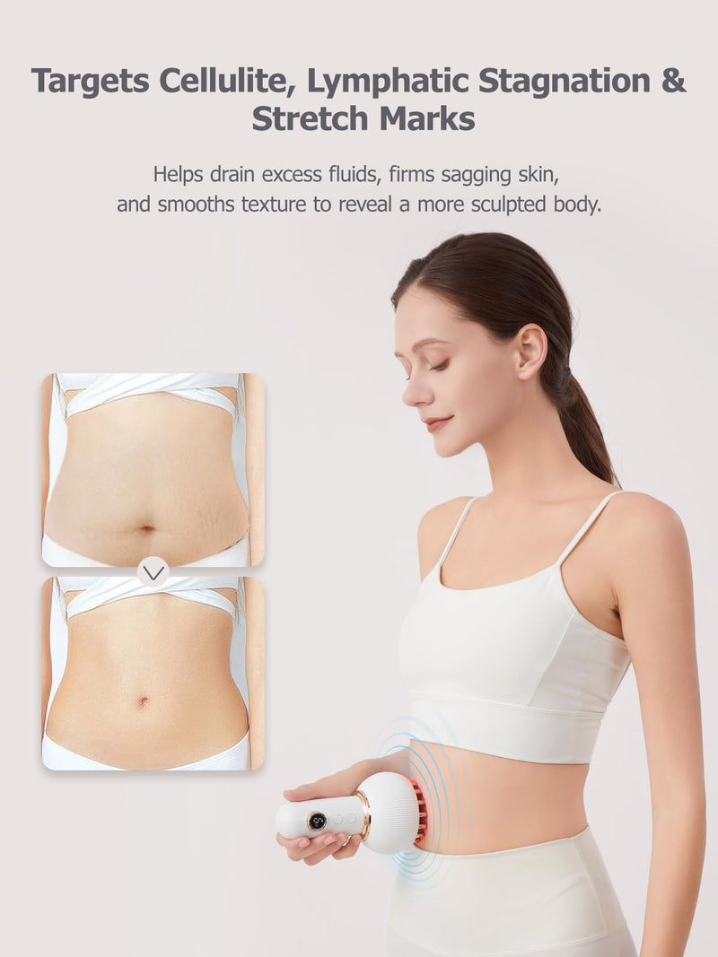 Lymphatic Drainage Massager & Anti Cellulite Massage Tool, Helps Reduce Stretch Marks & Cellulite, for Legs, Arms & Belly, Body Sculpting Machine with Microcurrent, Light, Heat & Vibration White