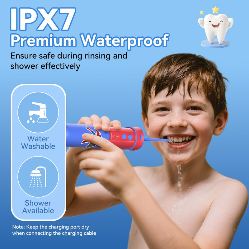 JTF Portable Water Flosser for Kids: 4 Gentle Modes for Ages 6+, Safe & Effective for Sensitive Teeth, Braces - with DIY Stickers, 4 Nozzles, Travel Bag, Mini Compact Oral Irrigator for Home & School Blue+red