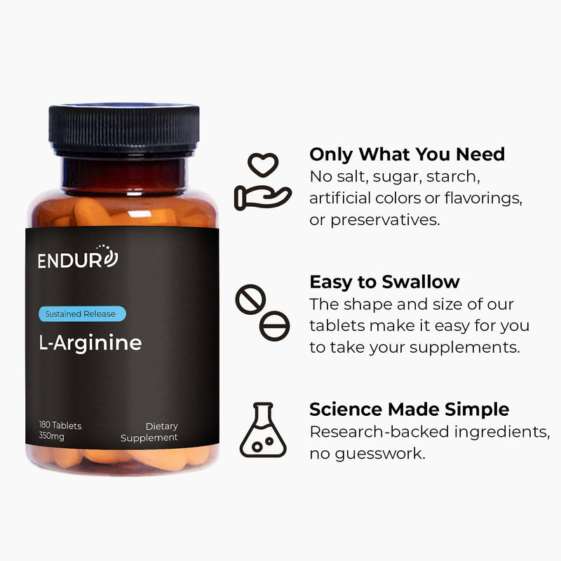 Endurance Products ENDUR - L-Arginine - 350 mg - Blood Flow & Heart Function Support - High-Potency - Supports Nitric Oxide Production for Overall Blood Flow & Vascular Health - 180 Tablets