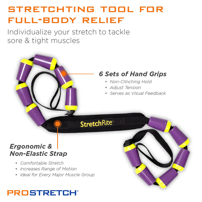 StretchRite Physical Therapy Full Body Stretching Strap with Patented Easy Grip Handles for Sore and Tight Muscles, Includes Coaching Guide (Purple/Yellow) Purple/Yellow