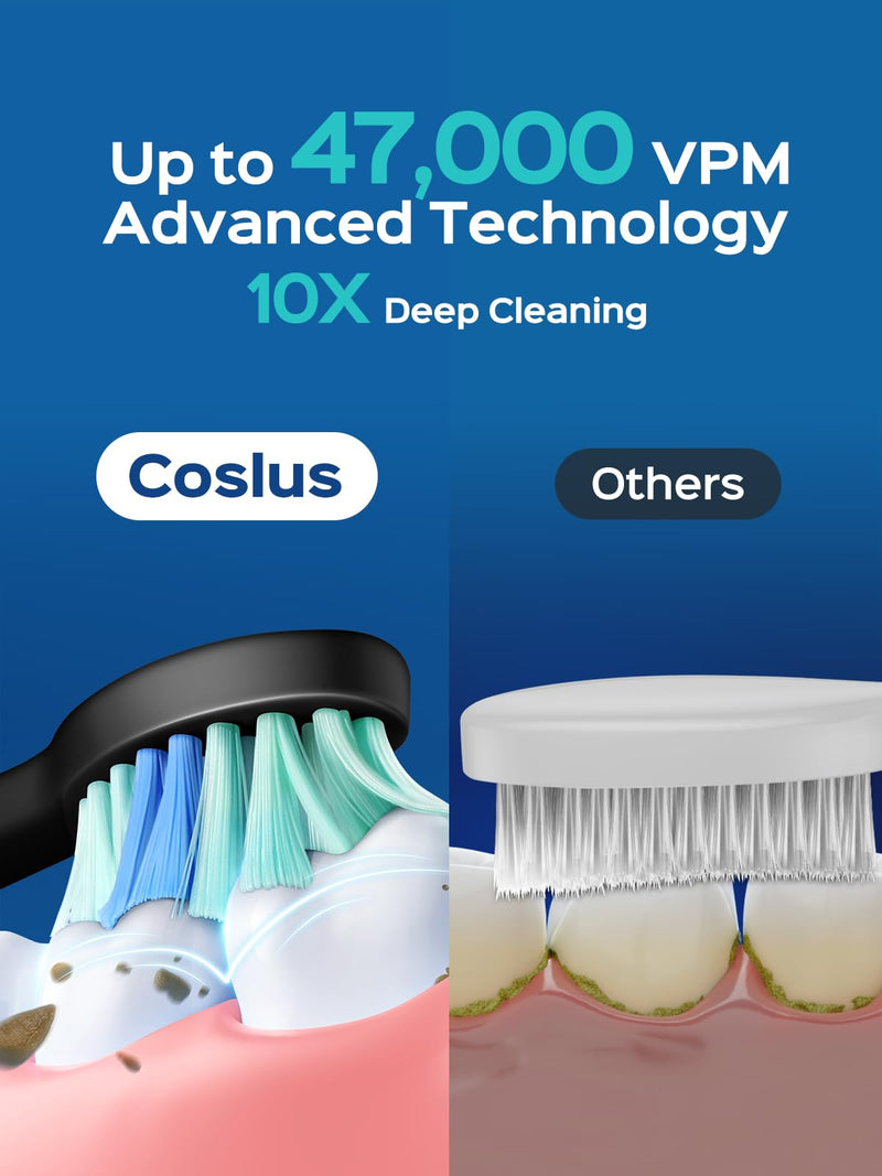 COSLUS Sonic Electric Toothbrush for Adults: 47000 VPM for Deep Cleaning & Whitening with Travel Case - 5 Modes for Sensitive Teeth & Braces, Wireless Charging, 6 Brush Heads for Home Family, Black 1 Count (Pack of 1)