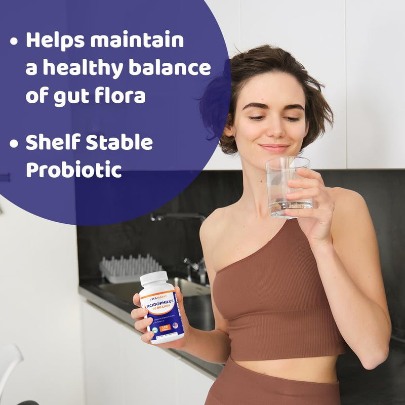 Vitamatic Acidophilus Probiotic - 10 Billion CFU - 5X Potency - Daily Probiotic Supplement, Supports Digestive Health - 120 Tablets 120 Count (Pack of 1)