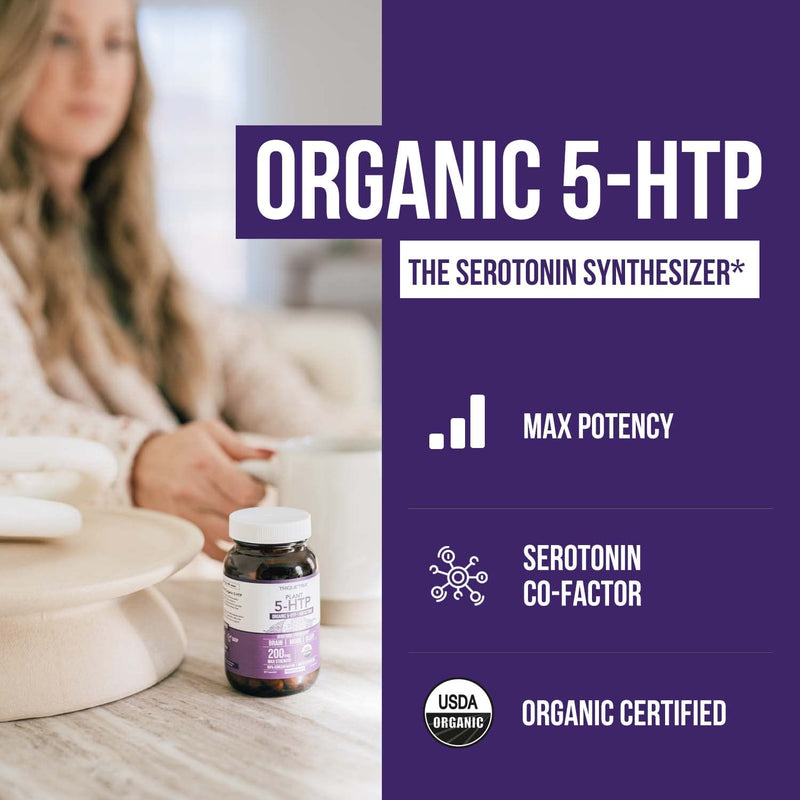 Organic 5-HTP - 200 mg | 99% 5HTP Concentration, Plus Cofactor Vitamin B6 & Lion’s Mane | Water Extracted from Organic Griffonia Seeds | Supports Mood, Cognition & Sleep (60 Capsules | 30 Servings) 60 Count (Pack of 1)