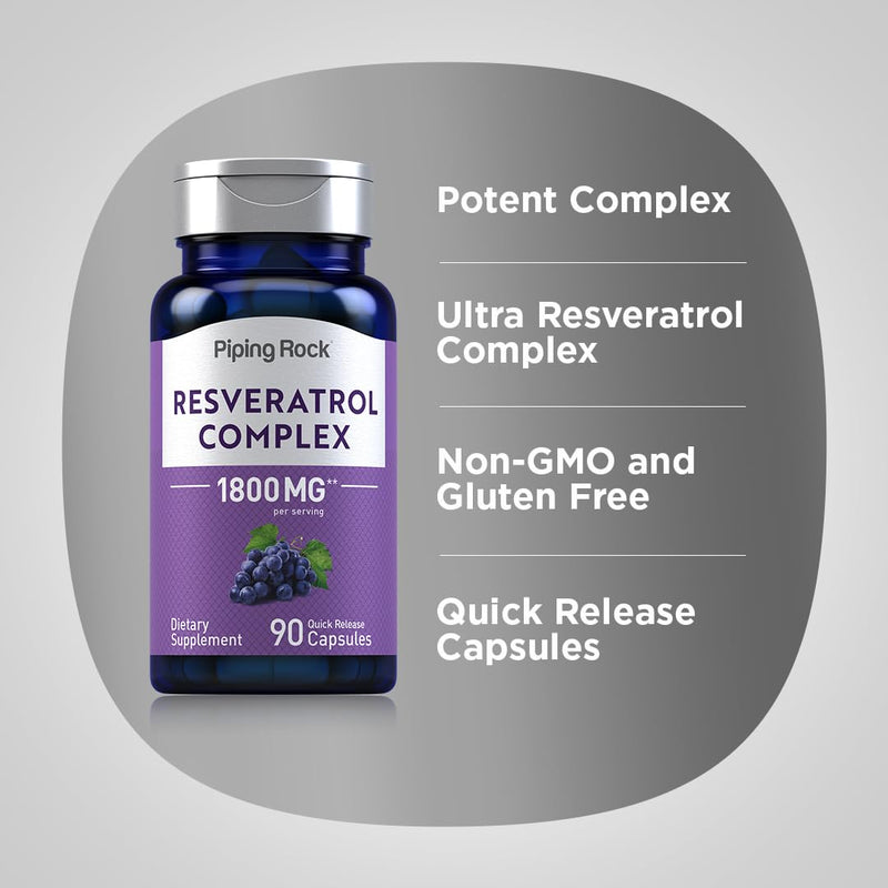 Piping Rock Resveratrol Complex 1800 mg | 90 Capsules | Ultra Potent | Non-GMO, Gluten Free Supplement 90 Count (Pack of 1) - BeesActive Australia