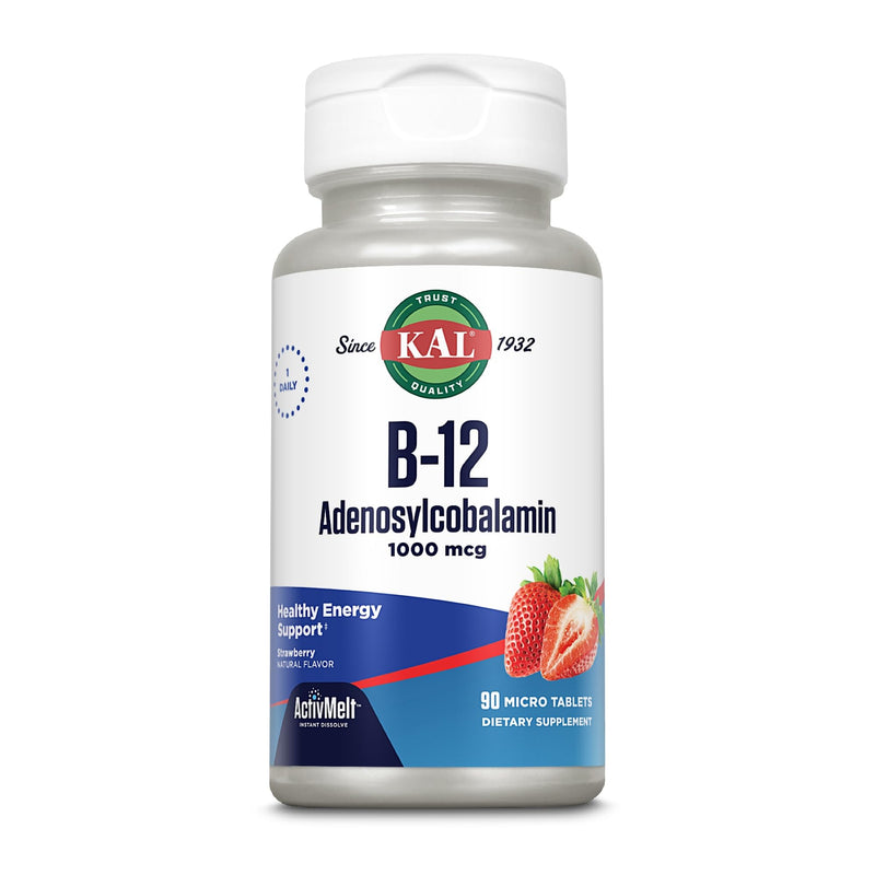 KAL Vitamin B12 Adenosylcobalamin 1000 mcg, 90 ActiveMelt Micro Tablets | B 12 Vitamin, Active B-12 1000mcg for Women & Men, Energy Support - Strawberry Flavor 90 Count (Pack of 1)
