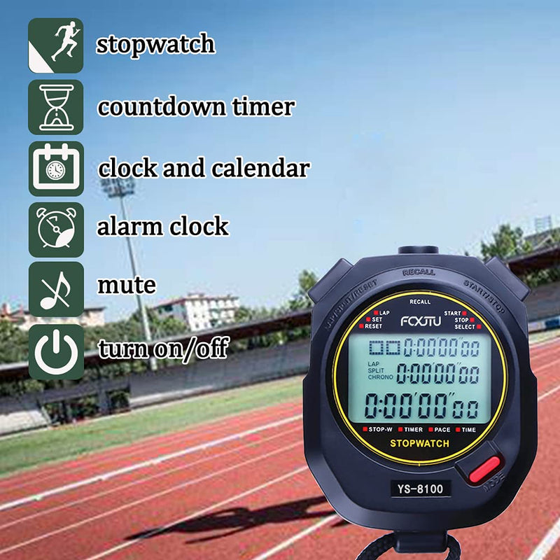 FCXJTU Digital Sports Stopwatch Timer 10/100 Lap Split Memory Stopwatch Calendar Alarm, Pace Mode with 3-Row Extra Large Screen Water Resistant Includes Battery, Lanyard for P.E Referee Coaches Lap100