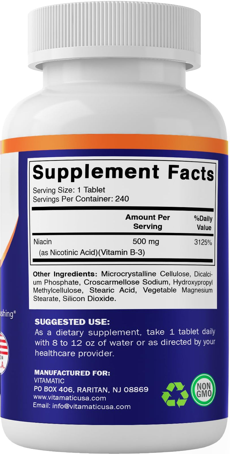 Vitamatic Niacin (Vitamin B3) 500mg, Sustained Release, 240 Tablets - Non-GMO & Gluten Free (Pack of 2) 240 Count (Pack of 2)