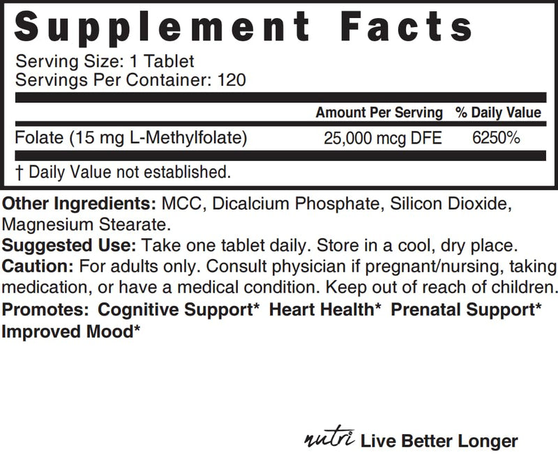 Nutri 5-MTHF L Methylfolate 15MG - 4 Month Supply, 120 Vegan Tablets - Methylated Folate Supplement - Cognitive Function, Heart Health, Prenatal Support - 3rd Party Tested - NSF Certified Facility 120 Count (Pack of 1)